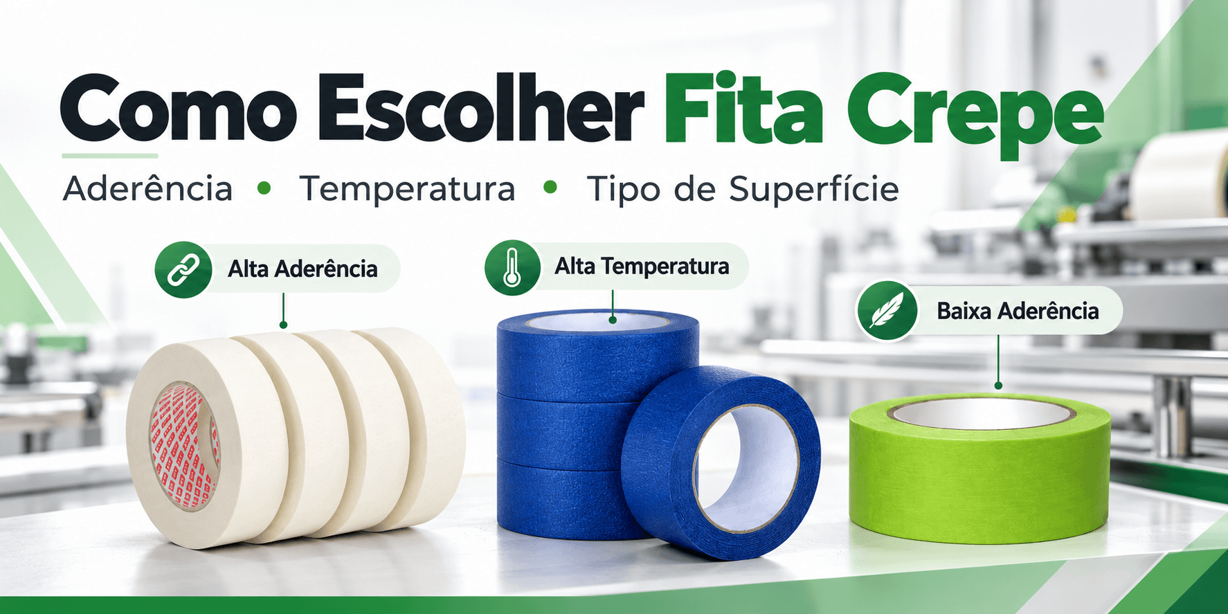 Fita crepe para pintura com diferentes níveis de aderência e resistência à temperatura
