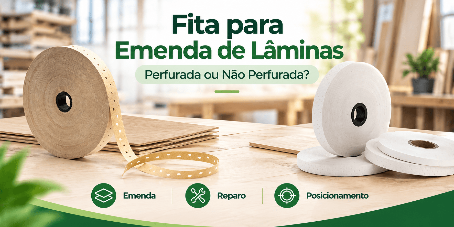 Fita para emenda de lâminas de madeira perfurada e não perfurada